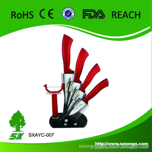 Ceramic Knife Set With Red ABS+TPR Handle ,3 inch Paring Knife, 4 inch Utility Knife, 5 inch Slicing Knife,6 inch Chef Knife